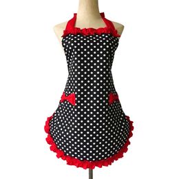 XiuMood Apron Maid Polka Dot Cooking Kitchen Aprons For Woman Working Adjustable Cotton With Cute Bowknot Pockets 210625