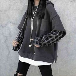 Deeptown Striped Sweatshirt for Women Black Gothic Style Hoodie Patchwork Grunge Long Sleeve Plaid Pullovers Korean Fashion 210909