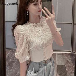 Puff Sleeve Lace Hollow Out White Women Shirt Tops Korean Sexy Blouses Woman Summer Fashion Solid Button Shirts 13607 210512