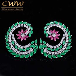 Fashion Double Sides Fancy Flower Shape Cubic Zirconia Big Red Green Stone Earrings For Women Jewellery CZ064 210714