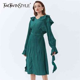 Patchwork Ruffle Dresses For Female Long Sleeve V Neck High Waist With Belt Slimming Women's Dress Fashion 210520