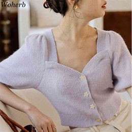 Summer Thin Knitted Cardigan Tops Women Short Sleeve Square Collar Vintage Fashion Elegant Ladies Korean Chic Cardigans 210519