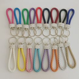 18 Colours PU Leather Braided Woven Crystal Keychain Rope Rings Fit Circle Pendant Key Chains Holder Car Keyrings Rhinestone Crystal accesso