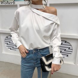 Woherb Summer Sexy Off Shoulder Tops Casual Elegant Blouse 2021 Korean Halter Top Vintage Slash Neck Shirt Blusas Femme 210317