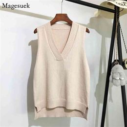 V-neck knitted Vest Women's Sweater Autumn And Winter Korean Loose Wild Pink Women Sleeveless 11810 210914