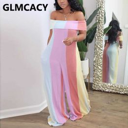 Women Slash Neck Off Shoulder Loose Jumpsuits Striped Wide Leg Pants Overalls Chic Streetwear Jumpsuit 210702