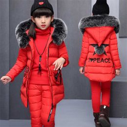 Girl winter 3 piece set jacket Clothing for Russia Winter Hooded Warm Vest Jacket+Warm Top Cotton Pants Coat with Fur Hood 211222
