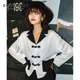 Black And White Vintage Blouse Long Sleeve Tops s Lapel Loose Double Pocket Ladies Autumn 210427