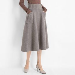 Knitted Thick Winter Pencil Skirt Mid Calf Elegant Pockets High Waist Pleated Stretch A Line Loose Casual Warm Kawaii Harajuku 210527