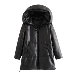 BBWM Women Winter Fashion Thick Warm Faux Leather Parkas Vintage Hooded Long Sleeve Padded Jacket Female Chic Overcoat 210923