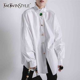 White Diamonds Button Shirt For Women Lapel Collar Long Sleeves Loose Oversized Shirts Female Fashion 210524