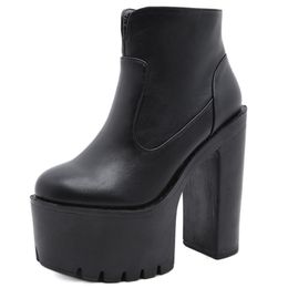 Fashion Female Office Platform Block High Heels Ankle Boots Zipper Black Goth Party Dress Trendy Boots For Women