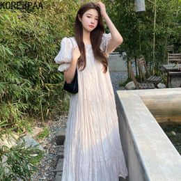 Korejpaa Women Dress Summer Korean Chic French Soft Elegant Solid O Neck Pleated Back Lace Up Bubble Sleeve Loose Dresses 210526