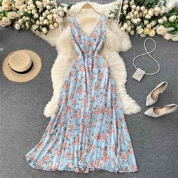 Vacation Vestidos Female Summer Temperament V-neck Waist Was Thin and Long Chiffon Floral Midi Dress GK633 210506