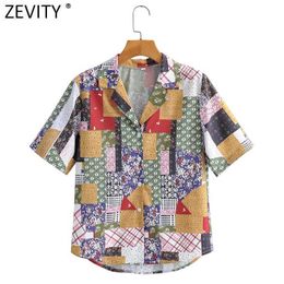 Zevity Women Vintage Cloth Pathcwork Print Retro Blouse Female Short Sleeve Breasted Casual Shirts Chic Chemise Tops LS9137 210603