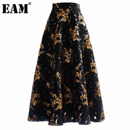 [EAM] High Waist Black Jacquard Embroidery Long Zipper Half-body Skirt Women Fashion Spring Autumn 1DD6411 21512