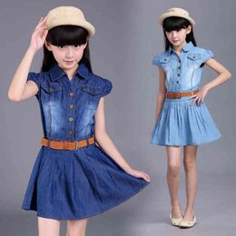 Children Kids Denim Cowboy Dress For Teens Girls Summer Dress Vestidos Clothes 4 5 6 7 8 9 10 11 12 14 Years Old New 2021 G1218