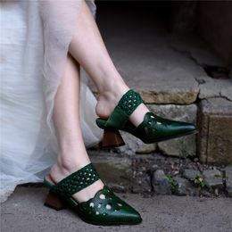 pointed closed toe heels UK - Slippers Artmu Origional Chunky Heels Pointed Toe Women's Retro Cutout Closed-Toe Genuine Leather High Handmade