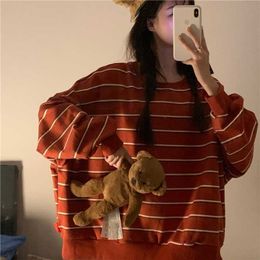 Korean Striped Print Women's T-Shirt Stylish Loose Long Sleeve Round Neck Teeswomen College Style Plus Size Spring Tops Ladies Y0629