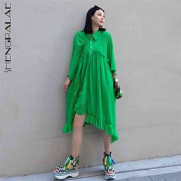 SHENGPLLAE Personality Pleated Dress Women's Summer Lapel Single Breasted Oversize Short Sleeve Knee-length Dresses 210427