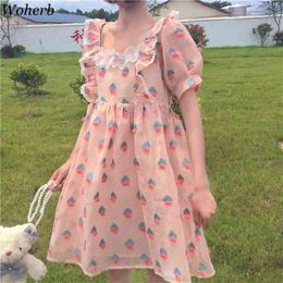 Japanese Sweet Lace Dress Women Summer Fresh Fashion Vestidos Square Collar Loose Cute Puff Sleeve Print Slim Fit Dresses 210519