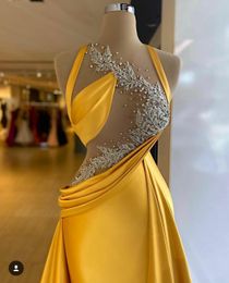 Luxury Bright Yellow Mermaid Evening Dress Beaded Lace Appliques Sexy Top Illusion Prom Gowns Elegant Satin Ruched Women Formal Party Dress Vestido de novia