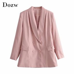 Fashion Double Breasted Pink Blazer Women Office Wear Long Sleeve Coat Female Notched Collar Solid Jacket With Pockets 210515