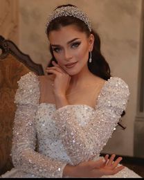 Simple Wedding Dresses With Square Long-Sleeves Sequins Appliqued Race Vintage Ball Gown Wedding Dress Custom Made Vestidos De Novia