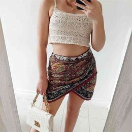 Vintgae Women High Waist Print Skirt Summer Fashion Ladies Lacing Beach Mini Female Chic Indie Folk s 210515