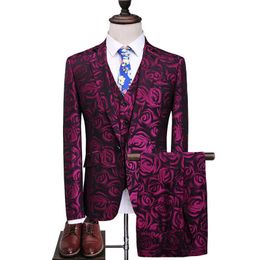 Printed rose suit casual Suit men High quality tuxedo New jacquard men's plus size fashion party trend stage clothing X0909