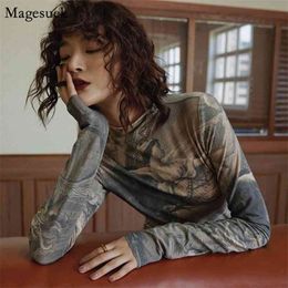 Print Vintage Long Sleeve Blosue Women Turtleneck Knitted Shirt Tops Female High Elastic Office Lady Casual Blosues 13147 210512