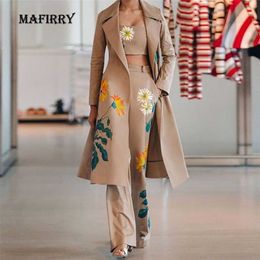 Office Lady Floral Print Straight 3 Piece Set Autumn Women's Matching Set Cool Long Sleeve Tops Wide Leg Pants Slim Outfits 211007