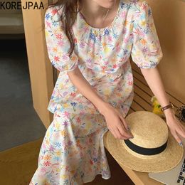 Korejpaa Women Dress Summer Korea Chic Summer Ageing O Neck Print Colour Small Floral Design Loose Bubble Sleeve Long Dresses 210526