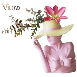 VILEAD Resin Creative Beauty Flower Vase White Pink Nordic Style Human Head Pot Home Decoration Living Room Decor 210913