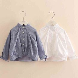 Kids Tops Spring Autumn Fashion Children Clothing Mandarin Collar Bowknot Long Sleeve Solid Colour Strip Baby Girl Shirt 210529