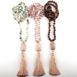 Pendant Necklaces Fashion Bohemian Tribal Jewelry Natural Stone Knotted Link Beige Tassel Women Ethnic Necklace