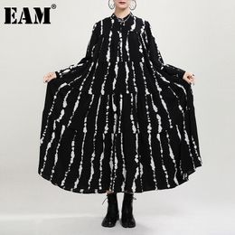 [EAM] Women Big Size Striped Printed Long Dress New Stand Collar Long Sleeve Loose Fit Fashion Spring Autumn 2021 210319