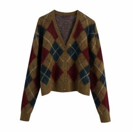Vintage Women Loose Argyle Long Sleeve Knitted Cardigan Chic Ladies Autumn Soft Coats Female Casual Oversized Jackets 210515