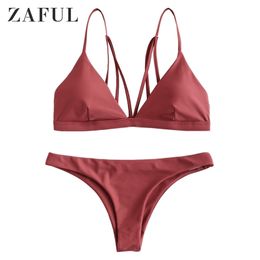 ZAFUL Women Sexy Thong Bikini Set Back Strappy Padded Bathing Suit Spaghetti Straps Summer Female Cami Swimwear Swimsuit Beach 210319