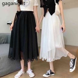 Gaganight Spring Summer Skirts Womens Black White Mesh Tulle Skirt Korean Elastic High Waist Midi Long Pleated Skirt 210519
