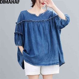 DIMANAF Summer Plus Size Women Blouse Shirt Ruffles Cotton Denim Lady Tops Tunic Loose Pleated Casual Oversize Clothing 5XL 6XL 210719