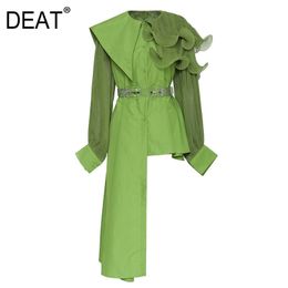 DEAT New Spring And Summer Fashion Casual Irregular O Neck Stitching Pleated Shirt With Belt Blouse Shirt Dress Women SJ937 210428
