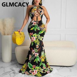 Women Halter Floral Printed Backless Sexy & Club Maxi Dress 210702