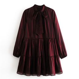 Vintage burgundy Bow Tie Mini Dresses Women Fashion Solid Pleated Dress Elegant Ladies Long Sleeve Chic Vestidos 210531