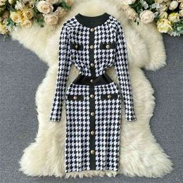 Spring Autumn Houndstooth Vintage Knit Dress Ladies Fashion Single Breasted Long Sleeve Slim Short Women Elegant Female 210514