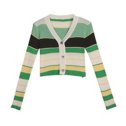 Green Red V Neck Knitted Solid Long Sleeve Women Thin Sweater Cardigan Top Tee Autumn Spring Striped B0520 210514