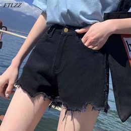 Summer Women Streetwear Hole Wide Leg Black Denim Shorts Casual Female Loose Solid Color Fashion White Jeans 210430