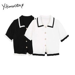 Yitimuceng Button Up T Shirts Woman Straight Single Breasted Tees White Black Tops Summer Korean Fashion Knitted Tshirts 210601