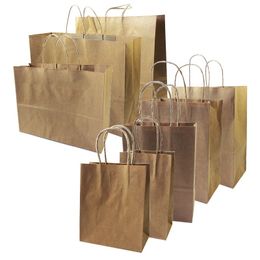10 Pcs/lot Big Kraft Paper Bag With Handles Recyclable Bag for Fashionable Clothes Shoes Gift Shops 8 Size Cowhide Color 210323