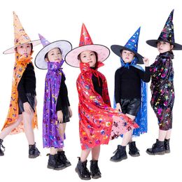 Girls Kids Halloween Costume Witch Wizard Cloak Cape Top Pointed Hat Set Cosplay Party Magic Wands Children Boys Magician Outfit Q0910